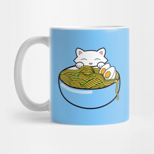 Cute white kitten eating a bowl of yummy ramen noodles Mug